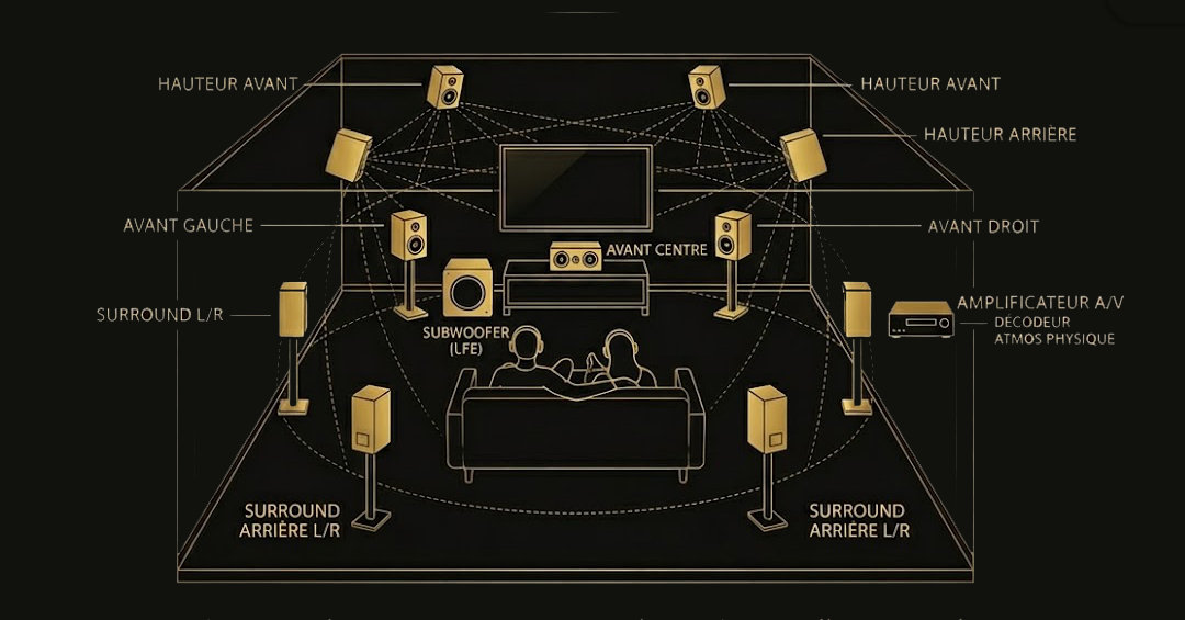 Schéma de configuration Dolby Atmos 7.1.4 pour home cinéma — enceintes avant, surround, arrière et hauteur